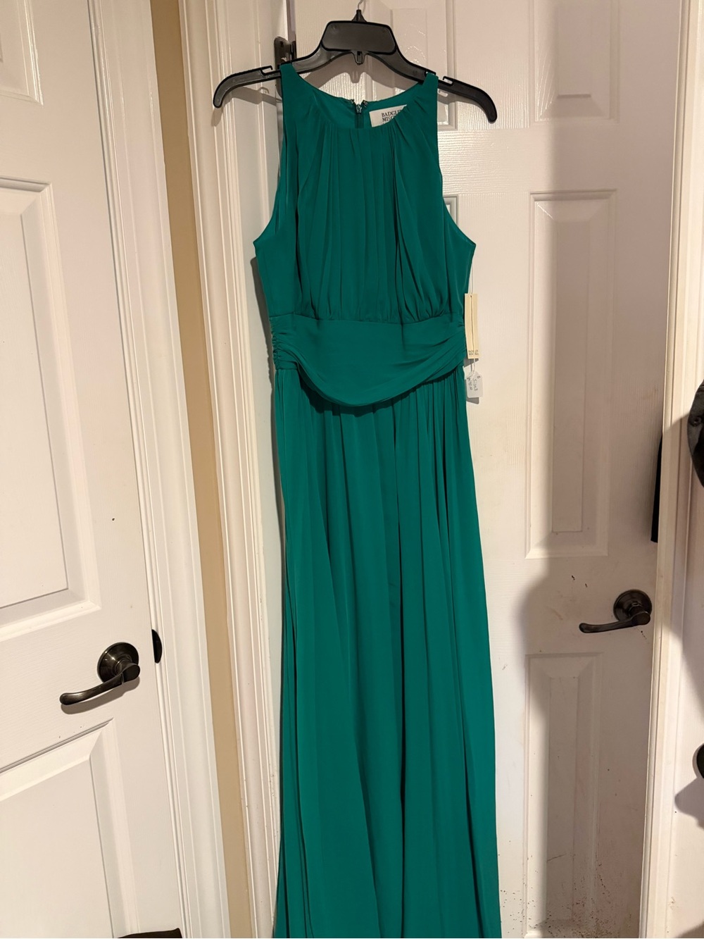 Badgley Mischka Emerald Green Pleated Halter Maxi Dress